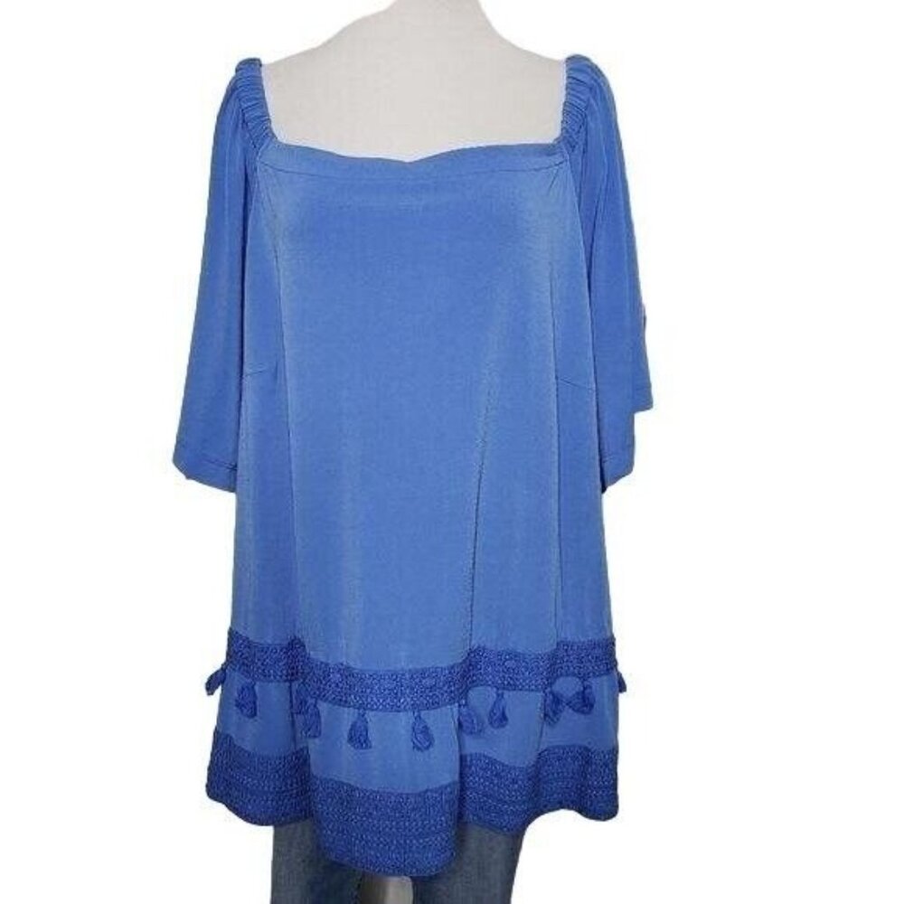 Gibson Latimer Womens Plus Blue tunic crochet trim, tassels size 3X NEW